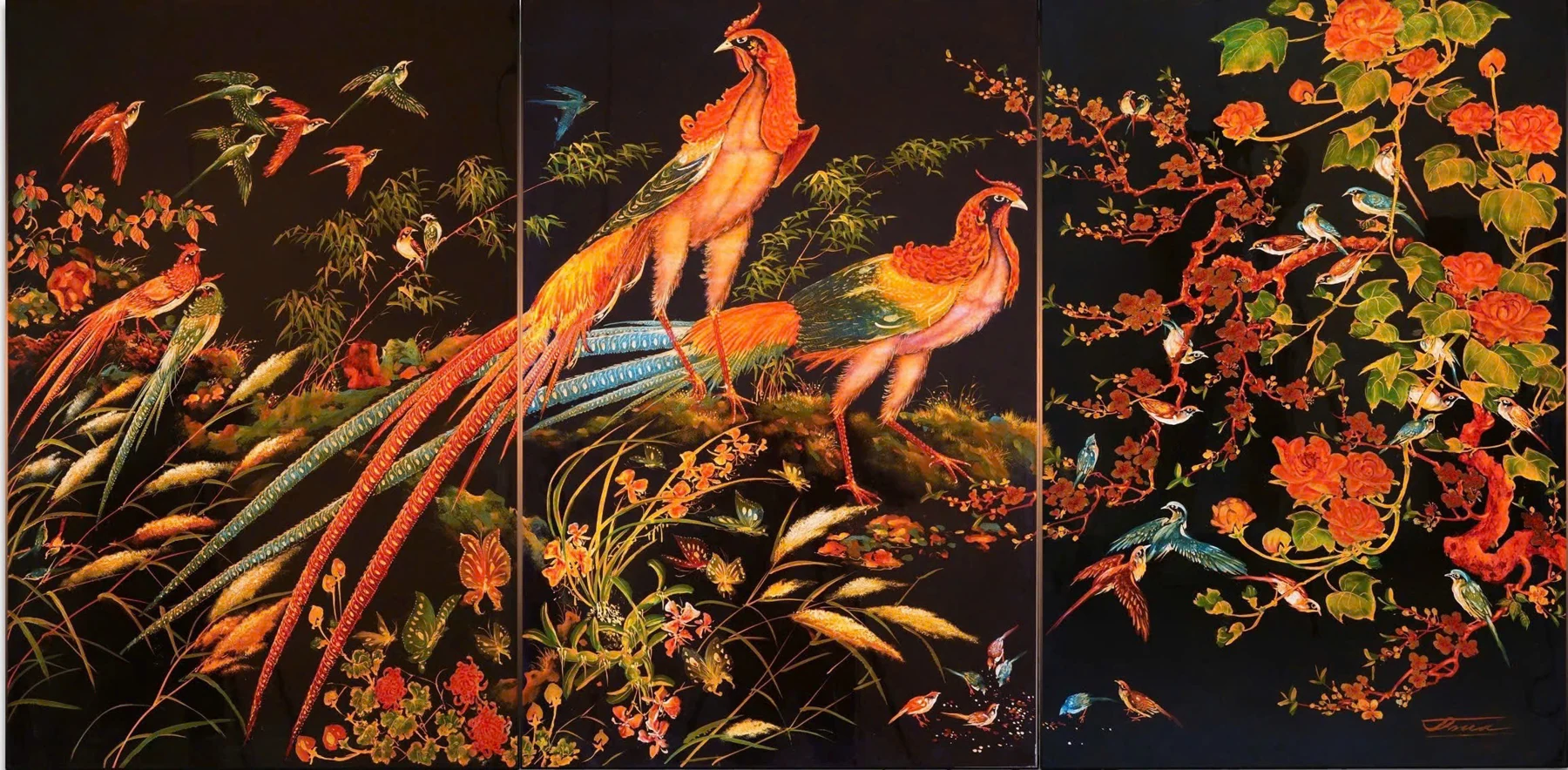 Phù dung trĩ — Long-tailed pheasants move through flowering branches, bamboo and grasses. The expansive black-ground composition lets brilliant orange plumage stretch across the panels.