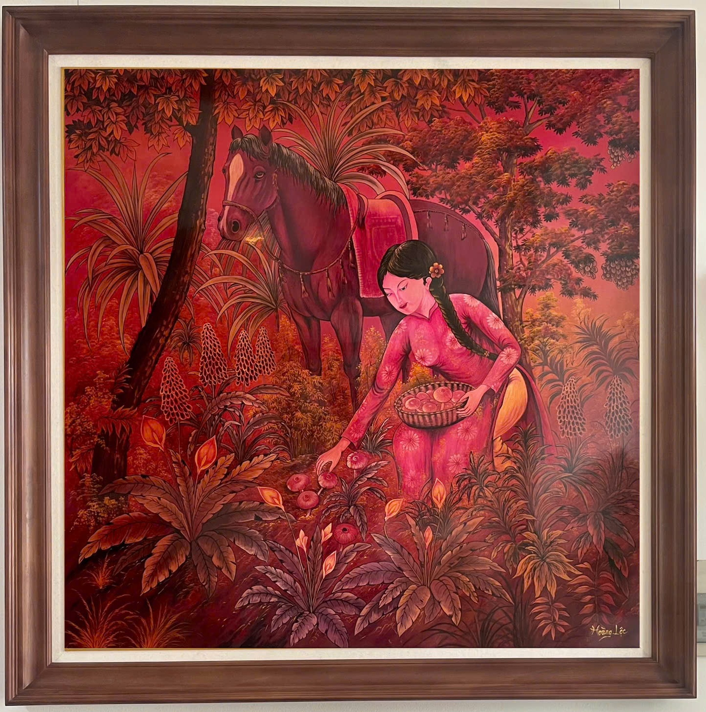 Hương rừng sớm — A young woman gathers fruit beside a horse in a richly layered forest. Deep reds, warm gold-toned foliage and slender tree trunks gather the scene into an intimate square composition.