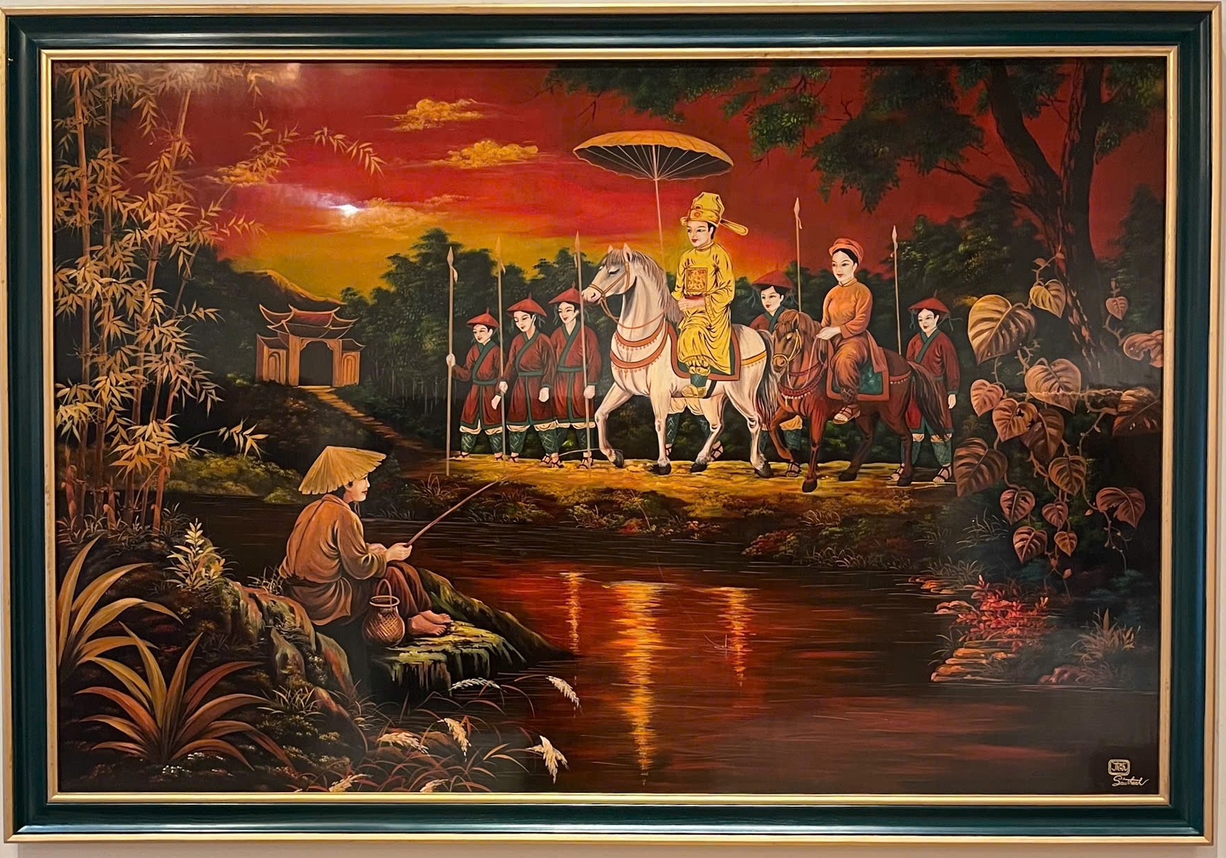 Vinh quy bái tổ — A ceremonial procession winds through a village landscape. Warm orange tones, architecture and small figures create a broad narrative of homecoming.