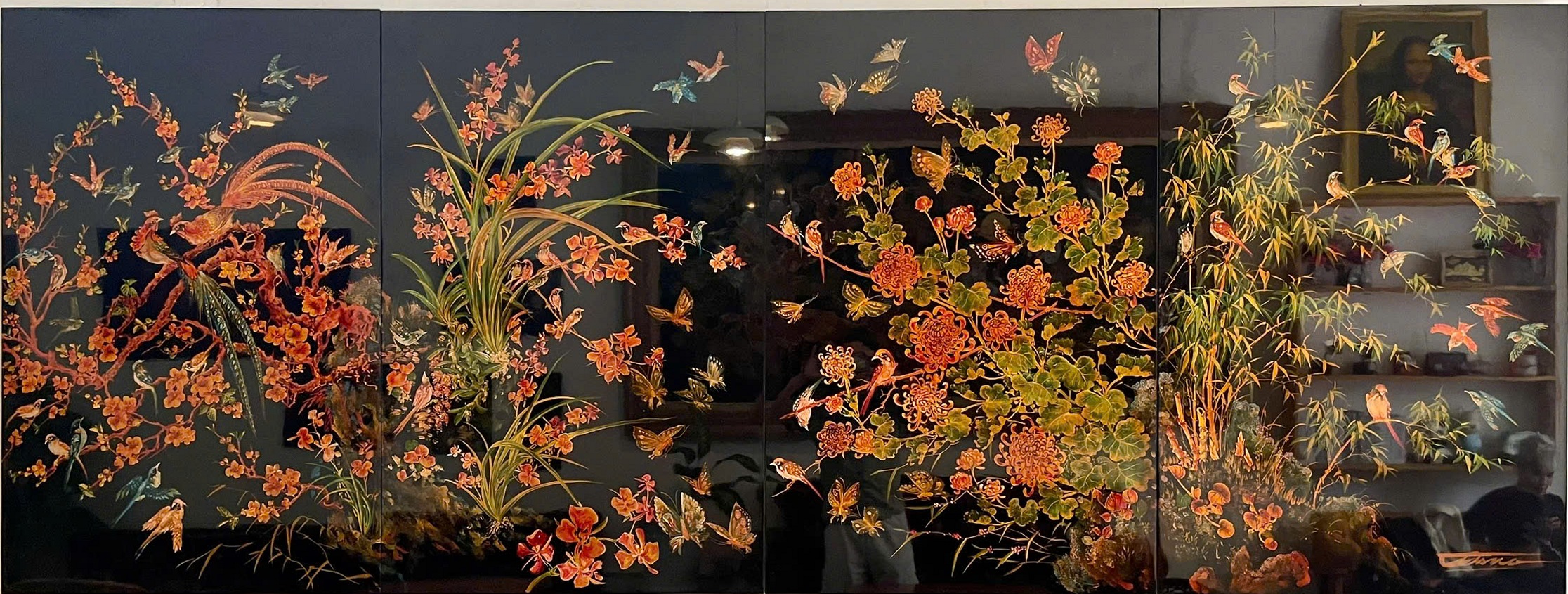 Mai lan cúc trúc — A wide multi-panel composition brings together apricot blossom, orchid, chrysanthemum and bamboo, with birds nestled among the flowering branches.