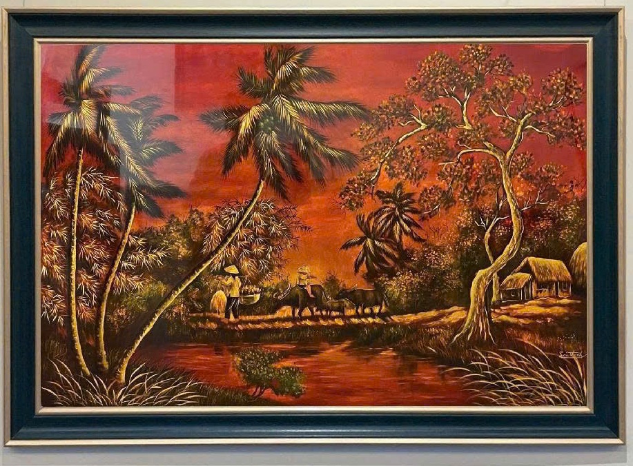 Quê hương — A rural landscape of trees, buildings and waterways brings the collection’s quieter narrative scenes into focus.