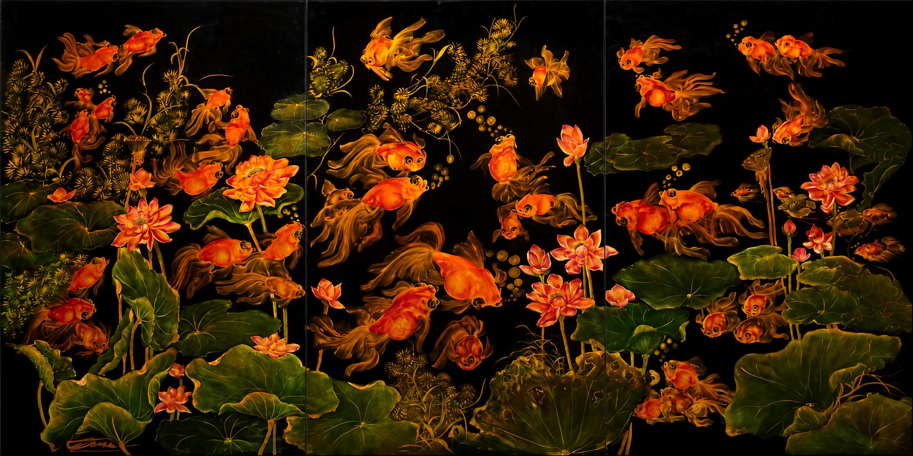 Lotus and goldfish triptych in the Viet Noir collection preview